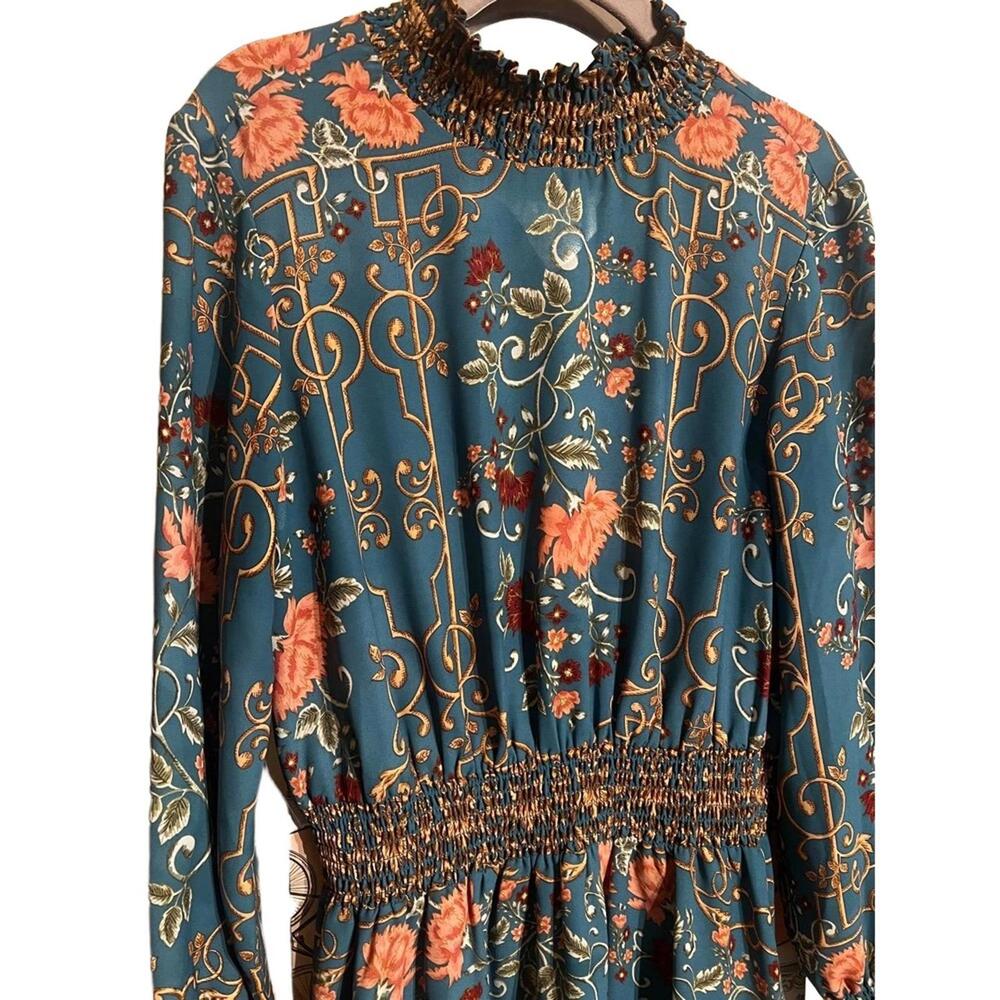 Nanette Lepore Midi Size 8 Teal Floral Print Ruffled Neck - Picture 3 of 9
